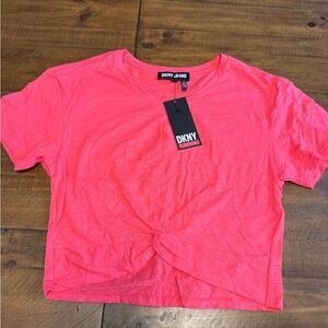 DKNY Jeans Red orange pink coral cropped tee‎ knot front details